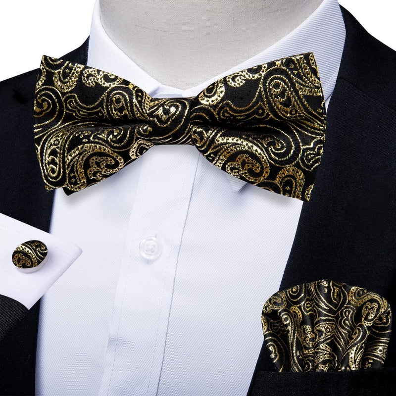 DiBanGu Black Gold Paisley Bow Tie for Men Adjustable Pretied Bow Tie Handkerchief Cufflinks - Image 2